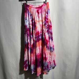 Pink Purple Tie Dye Maxi Statement Skirt Tiered XS Boho Festival Hippie Flowy
